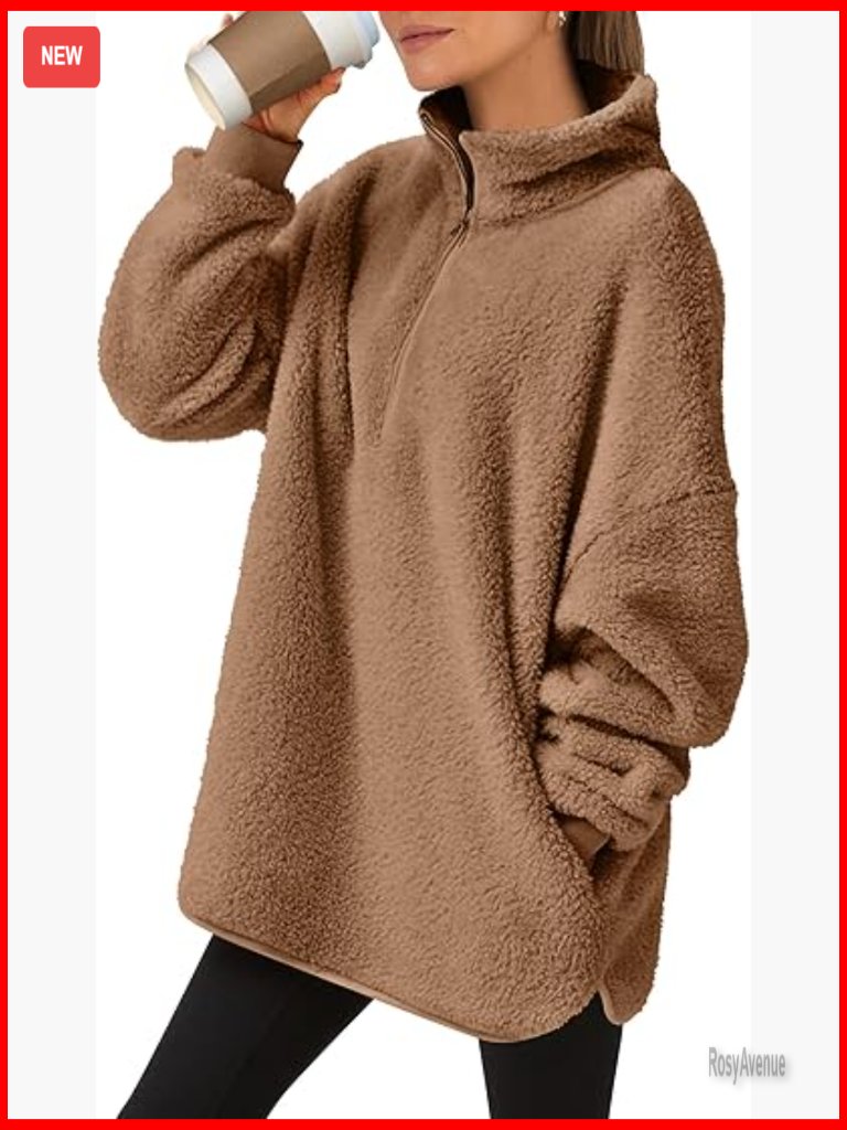 Sherpa Fleece Zip Up Hoodie Oversized Cozy Turtleneck Long Sleeve Pullover